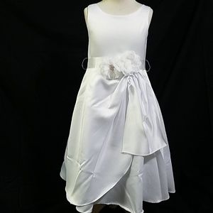 White Sleeveless Satin Tea Length Communion Dress
